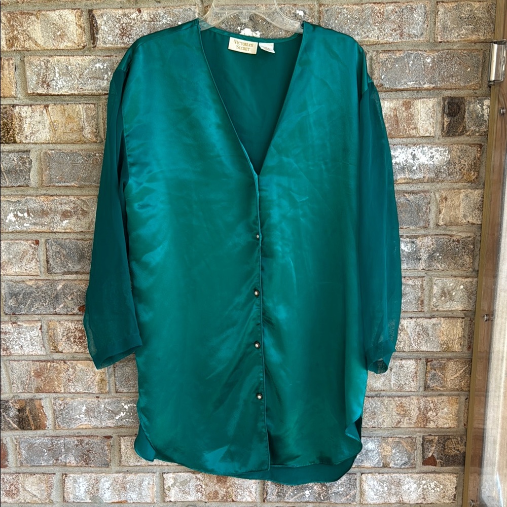 Vintage Victoria's Secret Teal Satin Pajama gown with sheer sleeves